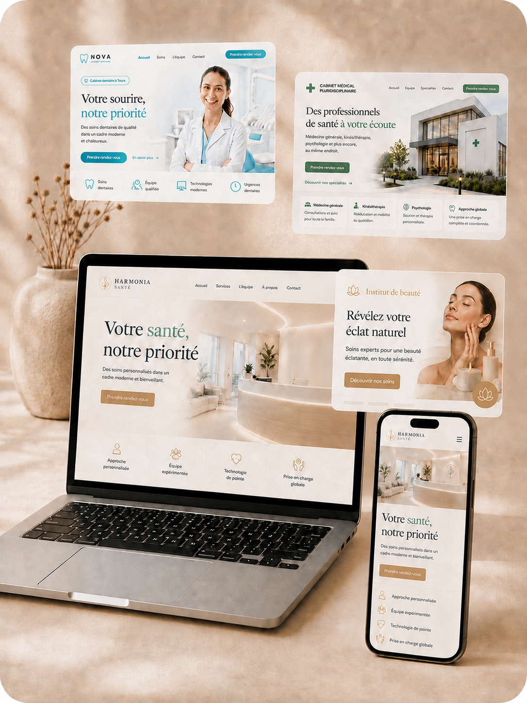 Maquette premium d'un site de cabinet esthétique en français, présentée sur ordinateur et mobile